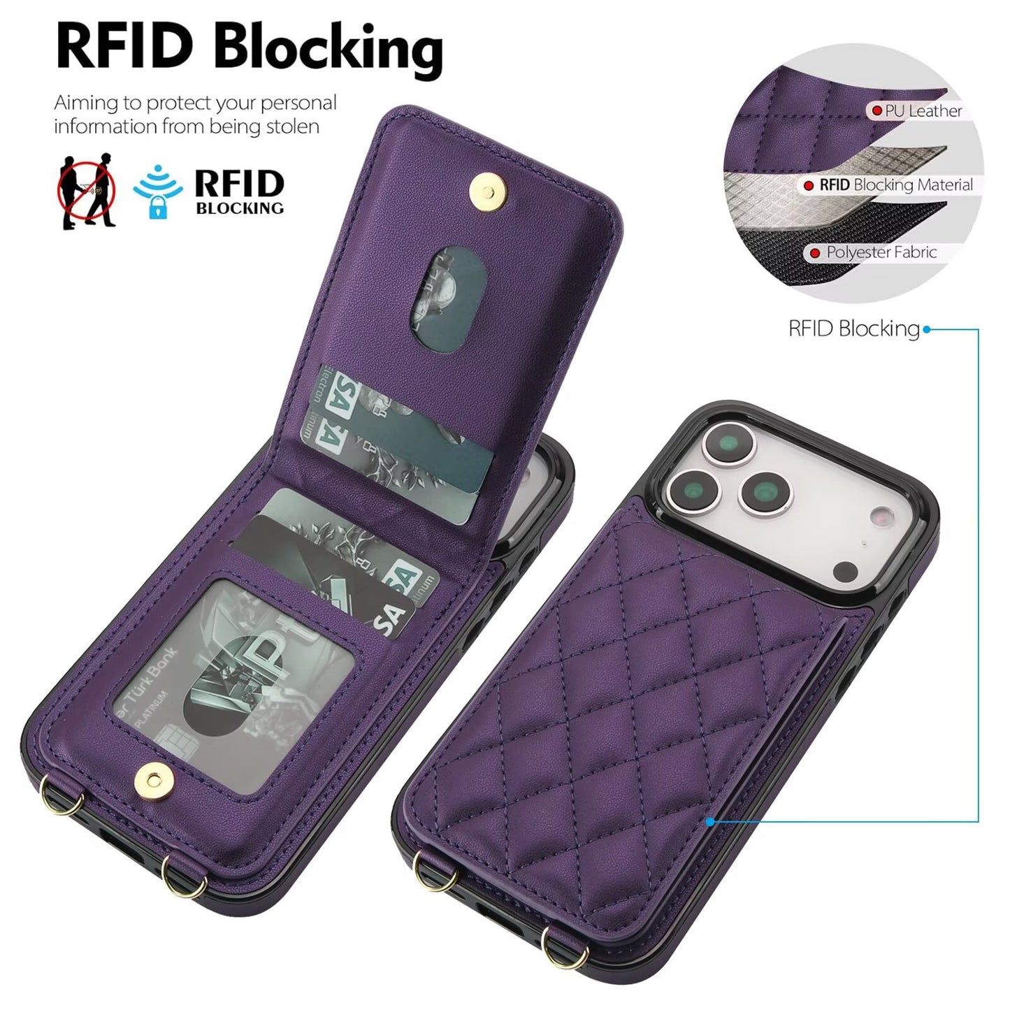 Quilted Leather Wallet Case For iPhone 17 Series, Flip Card Slot Kickstand Phone Cover With Detachable Lanyard Q6
