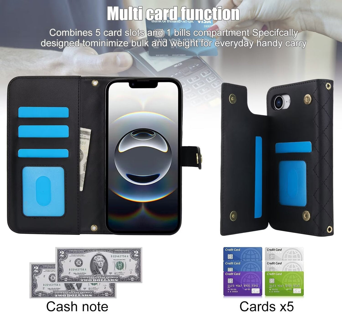 Quilted Leather Wallet Case For iPhone 17 16 15 14 13 12 11 8 7 Pro Max Crossbody Strap Wristlet Flip Folio Card Holder Kickstand Phone Case Q14 - QuiltedCases
