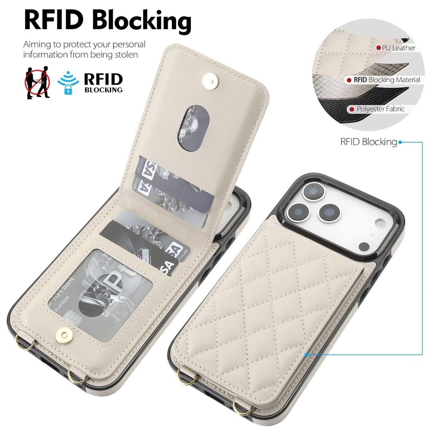 Quilted Leather Wallet Case For iPhone 17-7 Pro Max Flip Card Slot Kickstand Phone Cover With Detachable Lanyard Q1 - QuiltedCases