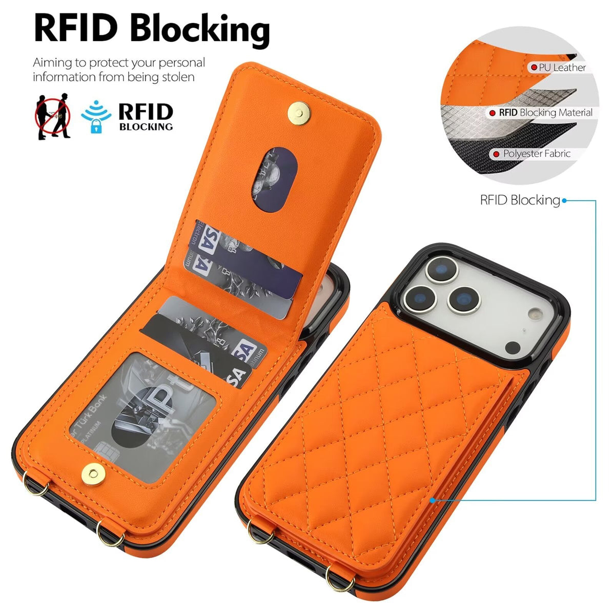 Quilted Leather Wallet Case For iPhone 17-7 Pro Max Flip Card Slot Kickstand Phone Cover With Detachable Lanyard Q2 - QuiltedCases