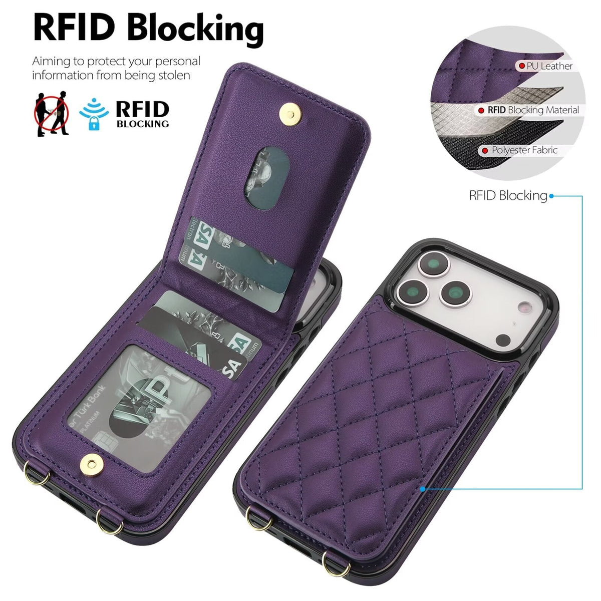 Quilted Leather Wallet Case For iPhone 17-7 Pro Max Flip Card Slot Kickstand Phone Cover With Detachable Lanyard Q6 - QuiltedCases