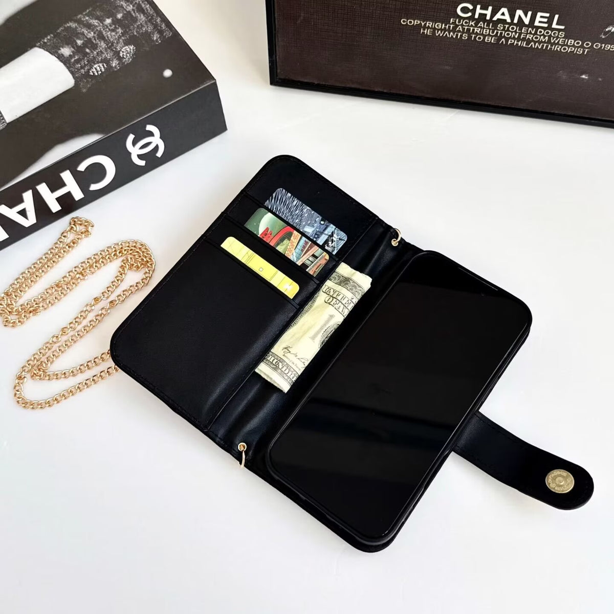 Phone Wallet Case For iPhone 12-18 Pro Max Detachable Chain & Card Slots Q171