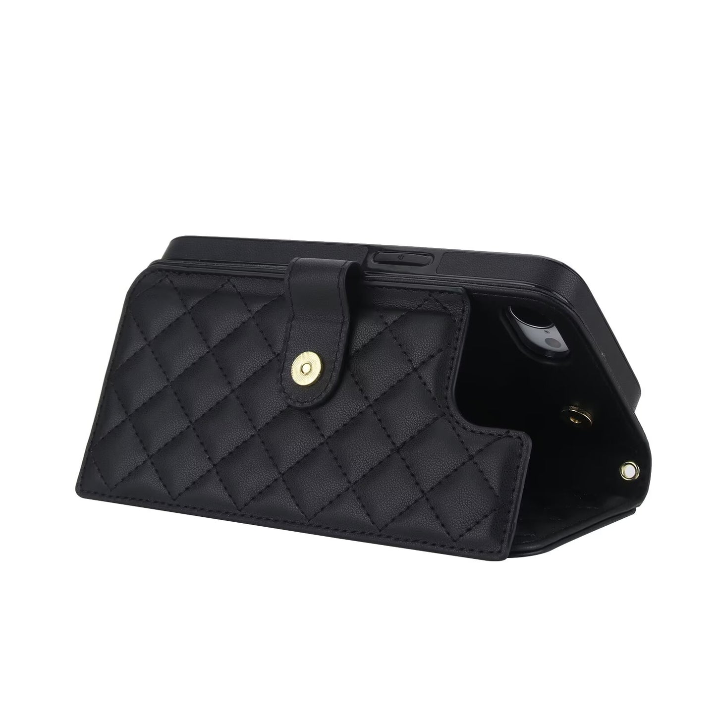 Quilted Leather Wallet Case For iPhone 17 16 15 14 13 12 11 8 7 Pro Max Crossbody Strap Wristlet Flip Folio Card Holder Kickstand Phone Case Q14