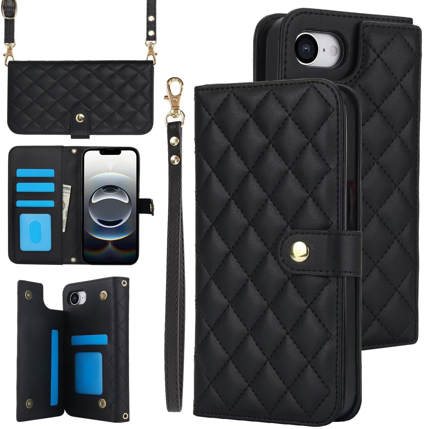 Quilted Leather Wallet Case For iPhone 17 16 15 14 13 12 11 8 7 Pro Max Crossbody Strap Wristlet Flip Folio Card Holder Kickstand Phone Case Q14