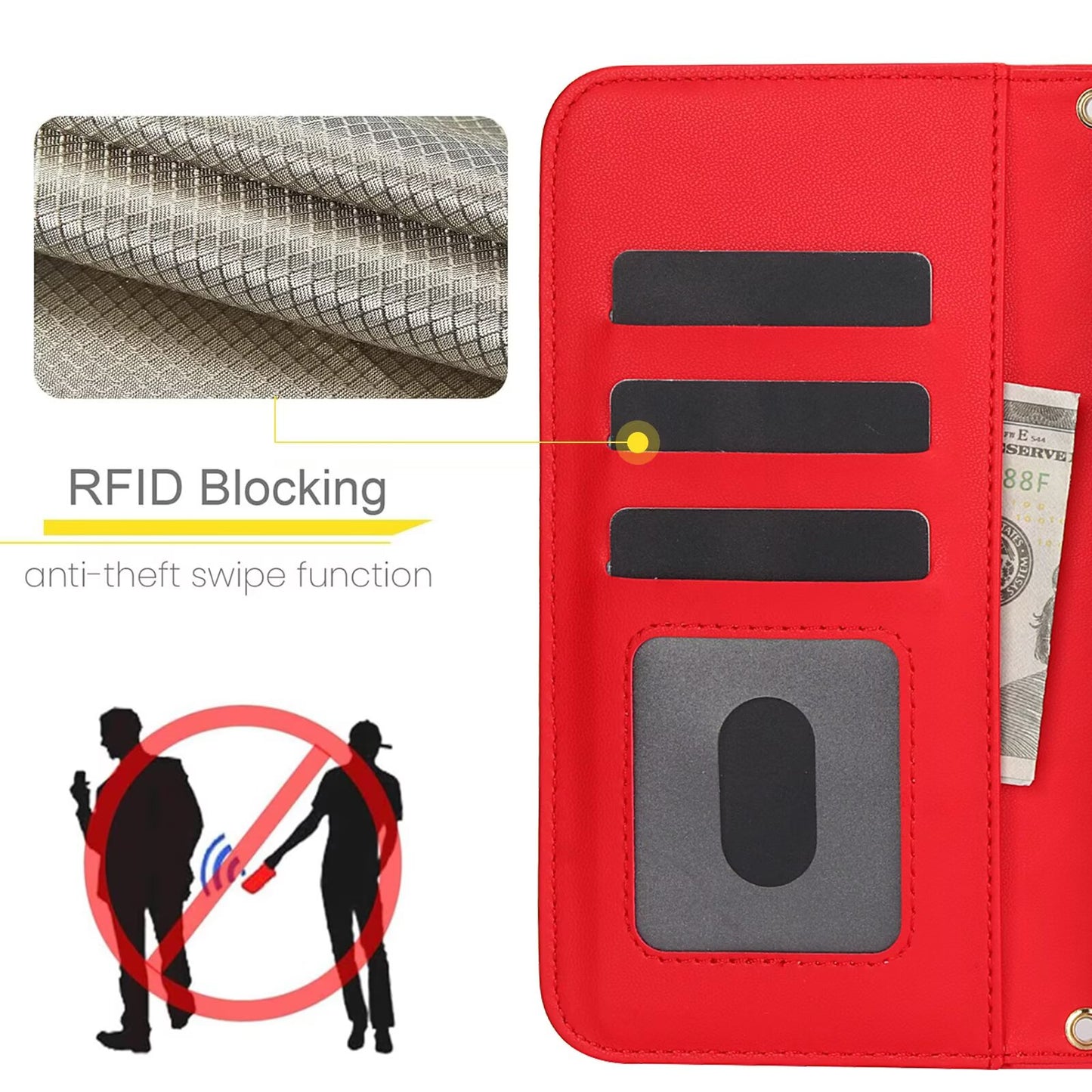 Quilted Leather Wallet Case For iPhone 17 16 15 14 13 12 11 8 7 Pro Max Crossbody Strap Wristlet Flip Folio Card Holder Kickstand Phone Case Q15
