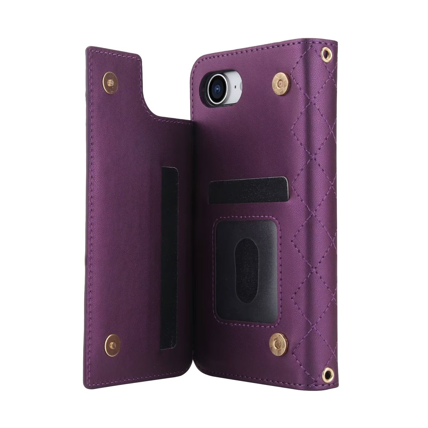 Quilted Leather Wallet Case For iPhone 17 16 15 14 13 12 11 8 7 Pro Max Crossbody Strap Wristlet Flip Folio Card Holder Kickstand Phone Case Q16