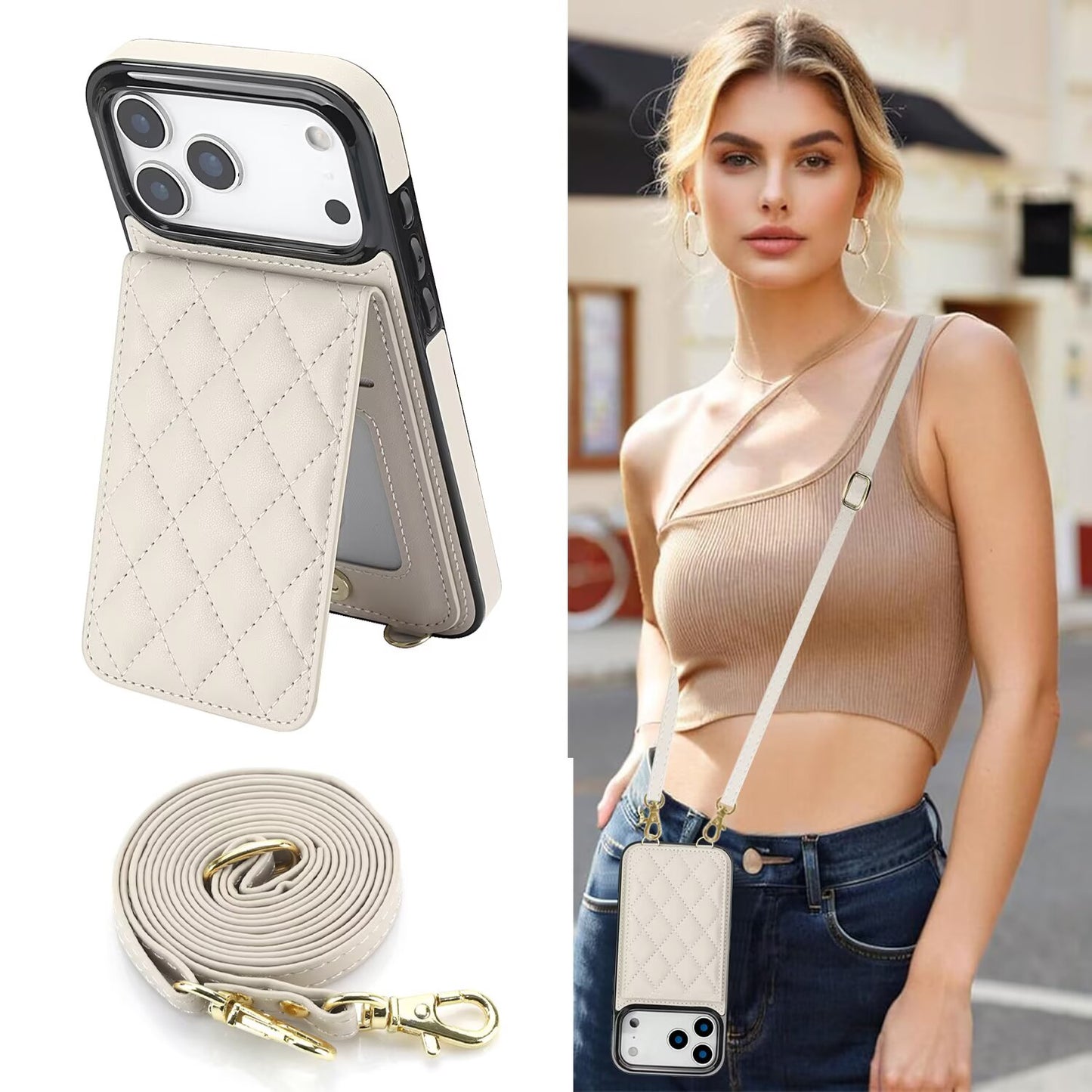 Étui portefeuille en cuir matelassé pour iPhone série 17, étui de téléphone à rabat avec fentes pour cartes, béquille et cordon détachable Q1