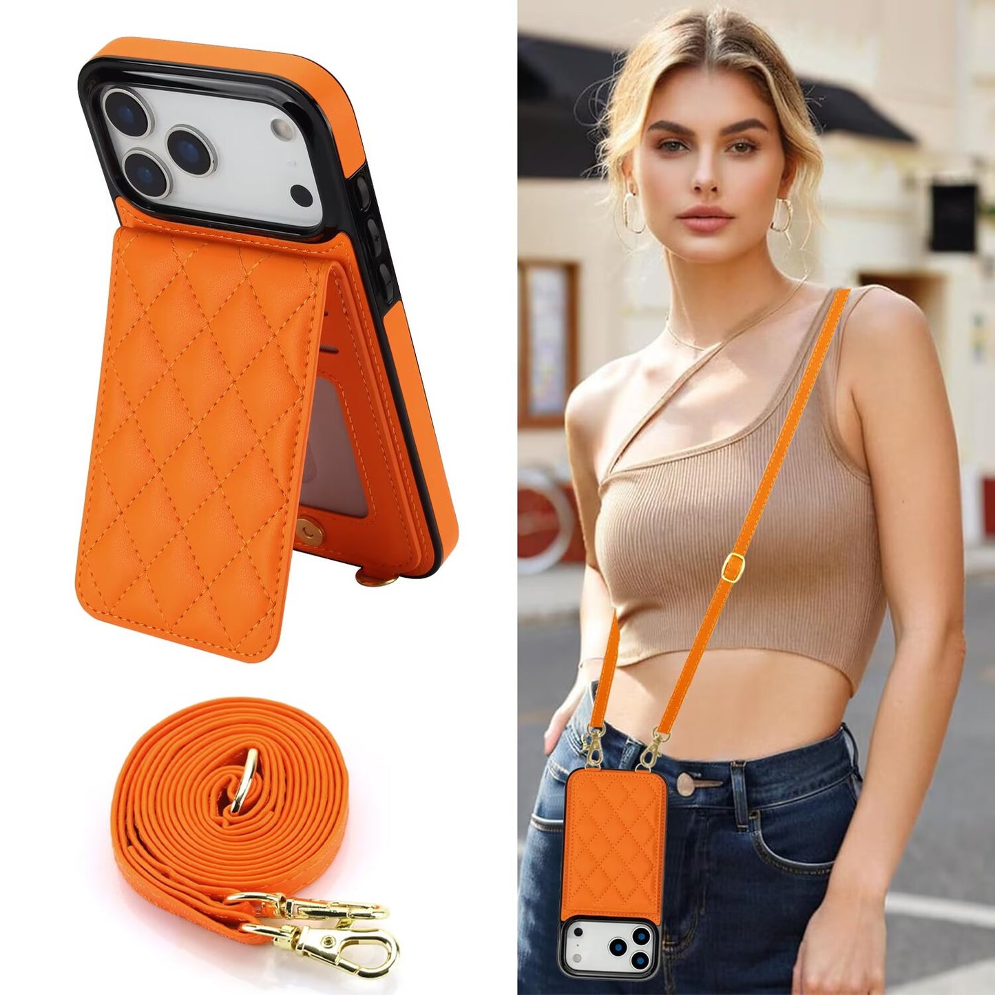 Quilted Leather Wallet Case For iPhone 17 Series, Flip Card Slot Kickstand Phone Cover With Detachable Lanyard Q2
