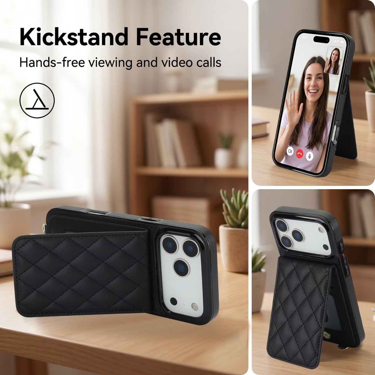 Quilted Leather Wallet Case For iPhone 17 Series, Flip Card Slot Kickstand Phone Cover With Detachable Lanyard Q3