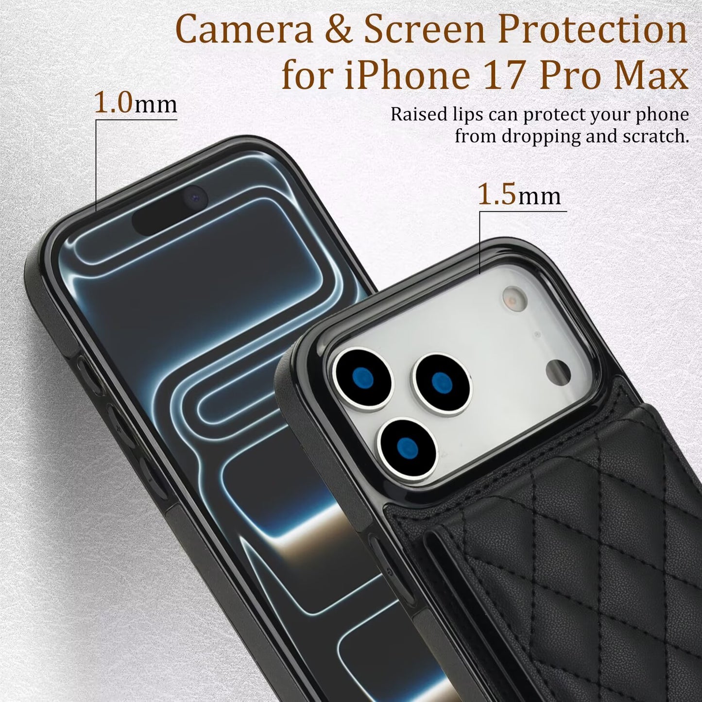 Quilted Leather Wallet Case For iPhone 17 Series, Flip Card Slot Kickstand Phone Cover With Detachable Lanyard Q3