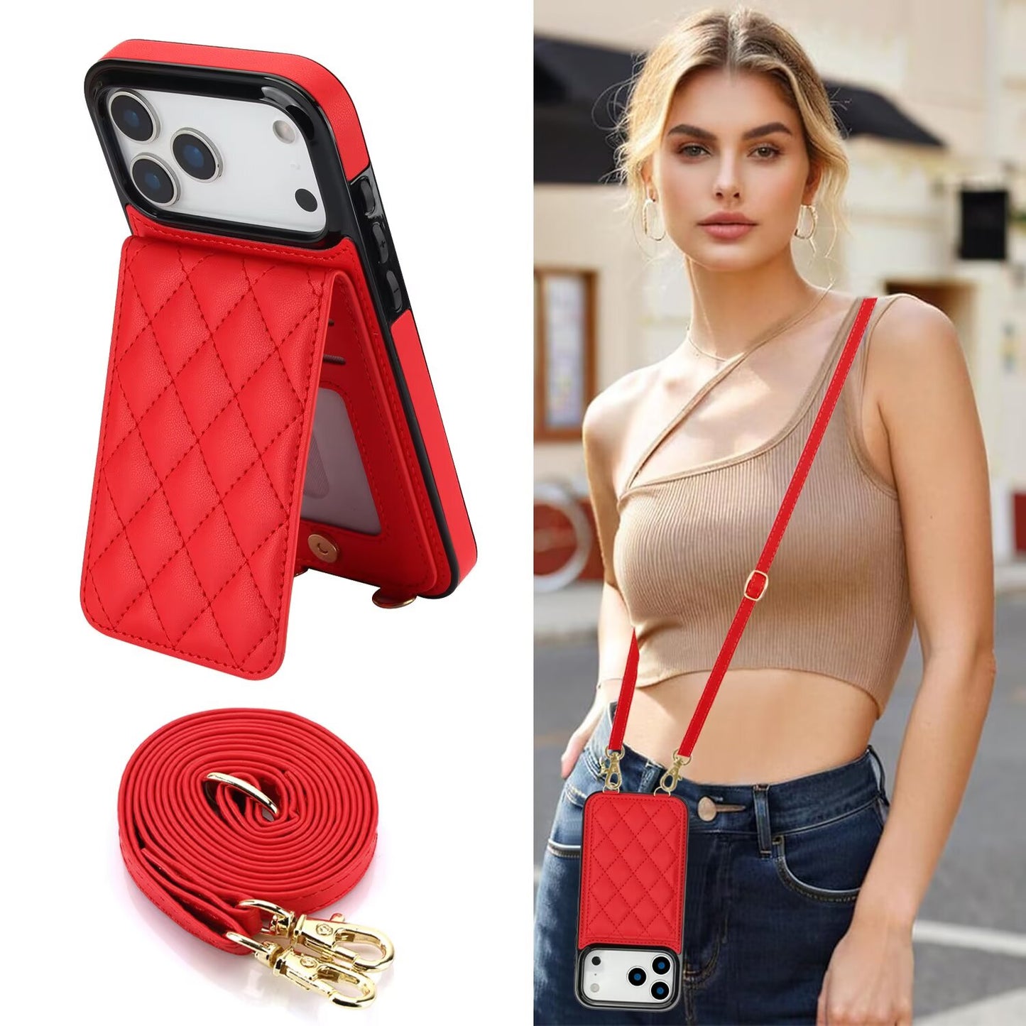 Étui portefeuille en cuir matelassé pour iPhone série 17, étui de téléphone à rabat avec fentes pour cartes, béquille et cordon détachable Q1