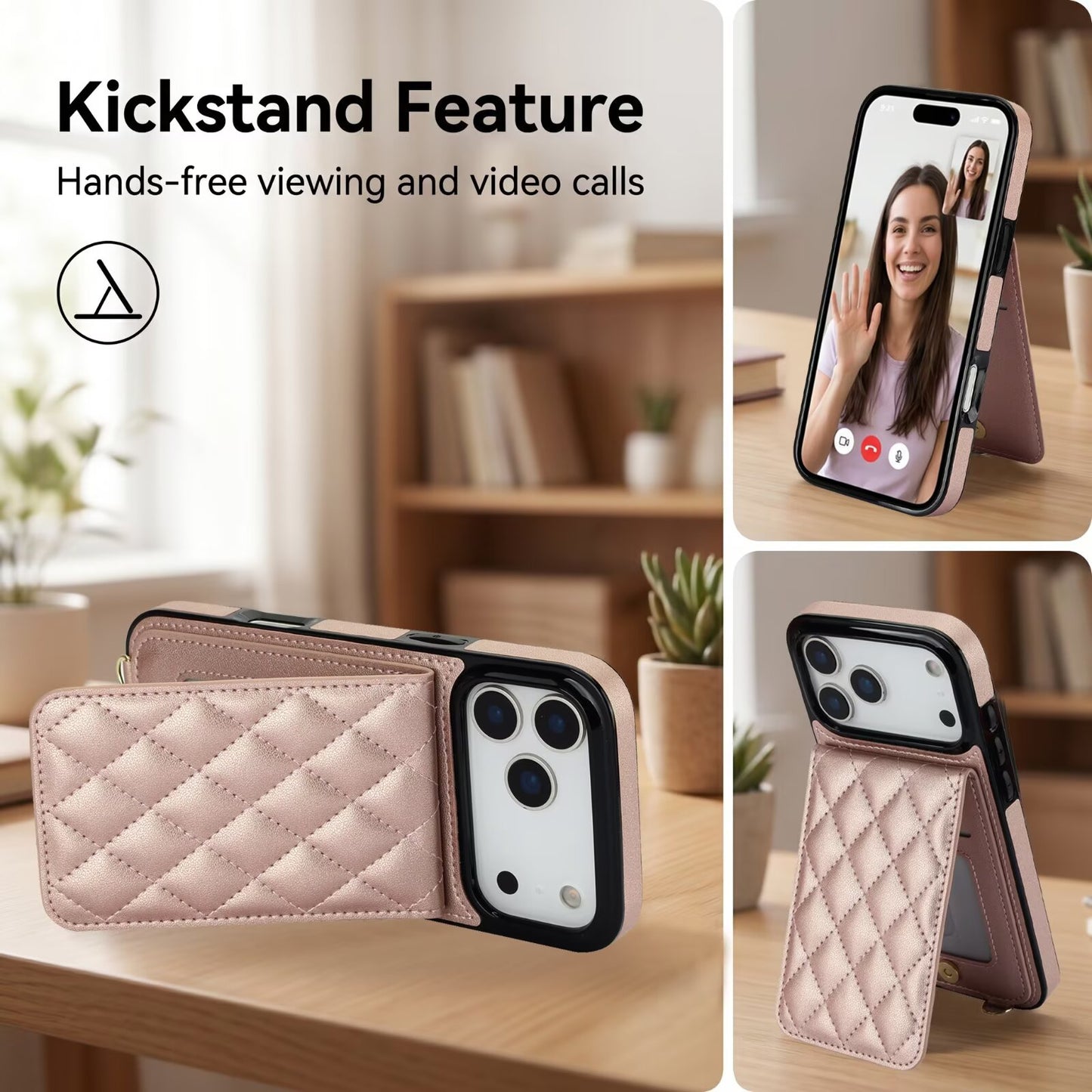 Quilted Leather Wallet Case For iPhone 17 Series, Flip Card Slot Kickstand Phone Cover With Detachable Lanyard Q5