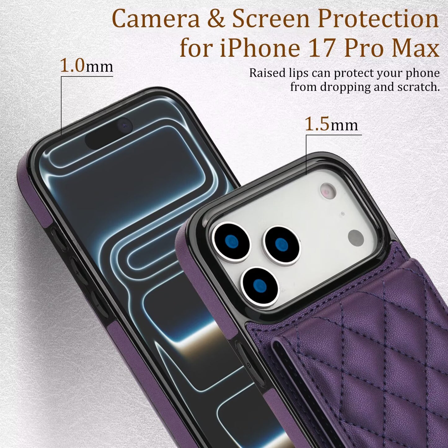 Quilted Leather Wallet Case For iPhone 17 Series, Flip Card Slot Kickstand Phone Cover With Detachable Lanyard Q6