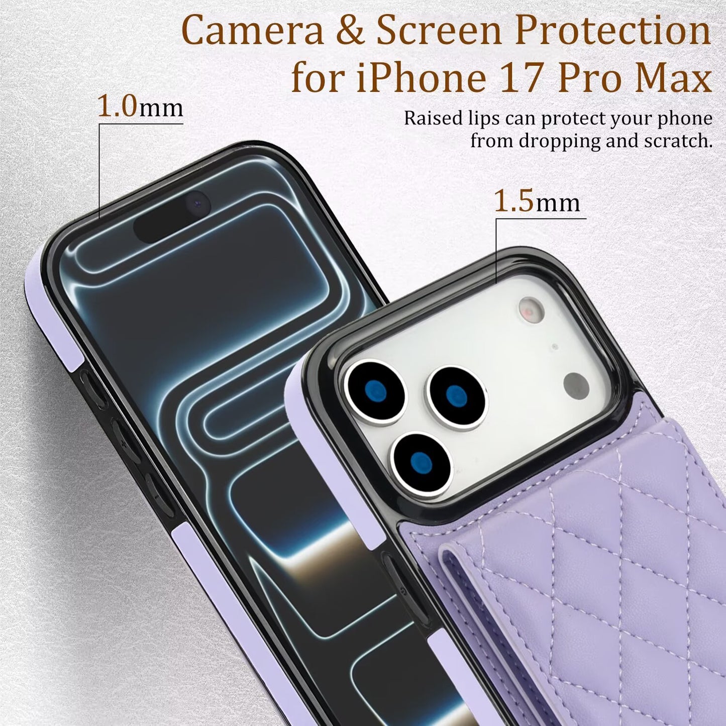 Quilted Leather Wallet Case For iPhone 17 Series, Flip Card Slot Kickstand Phone Cover With Detachable Lanyard Q7