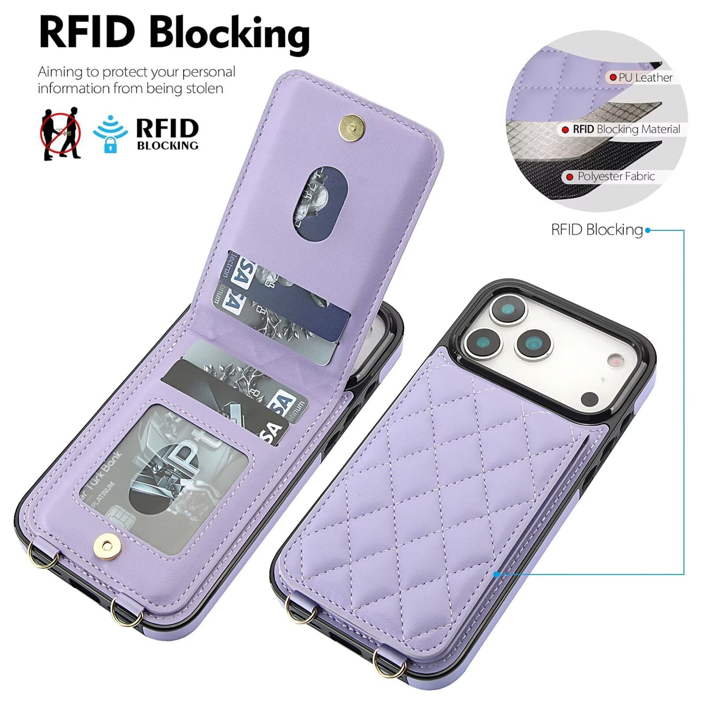 Quilted Leather Wallet Case For iPhone 17 Series, Flip Card Slot Kickstand Phone Cover With Detachable Lanyard Q7