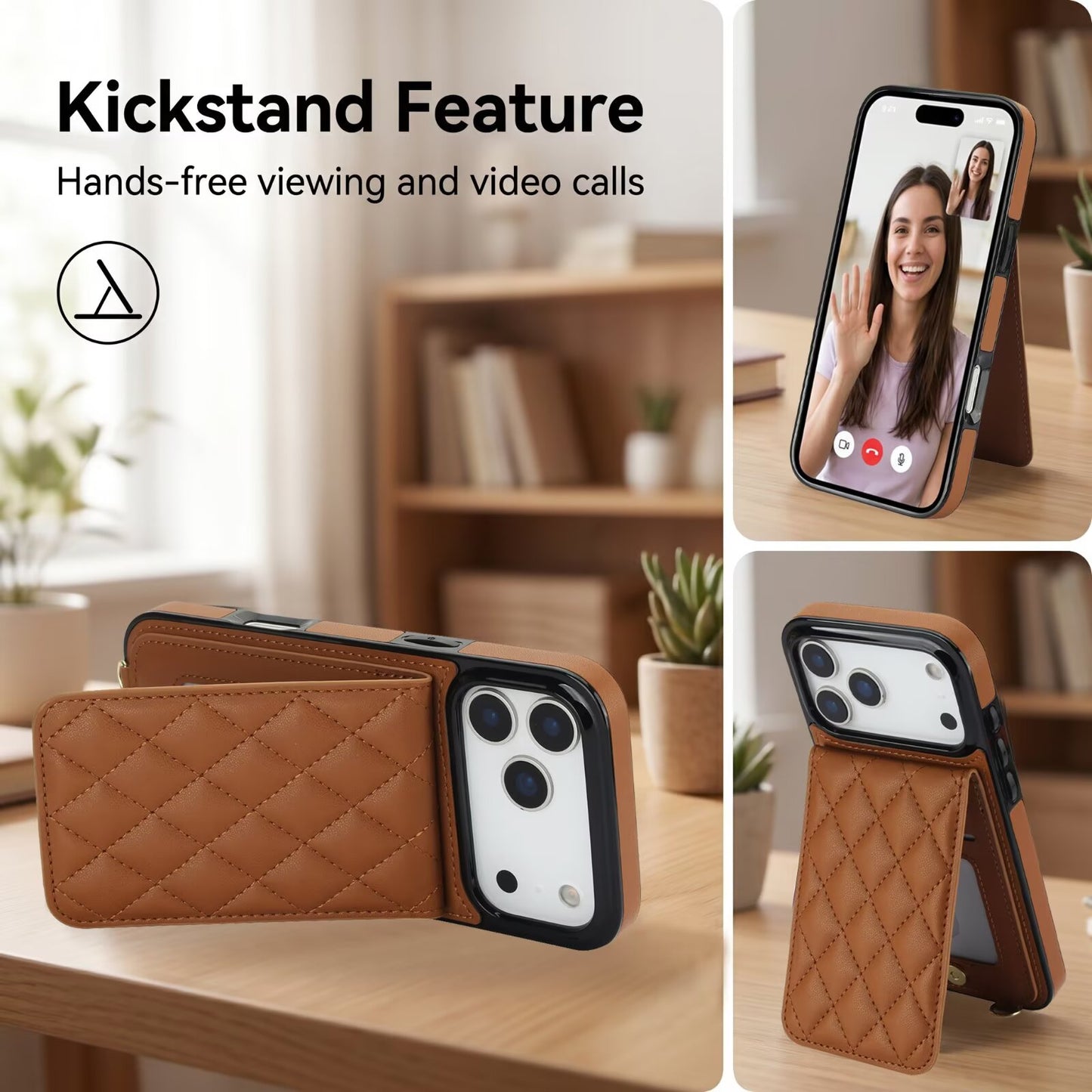 Quilted Leather Wallet Case For iPhone 17 Series, Flip Card Slot Kickstand Phone Cover With Detachable Lanyard Q8