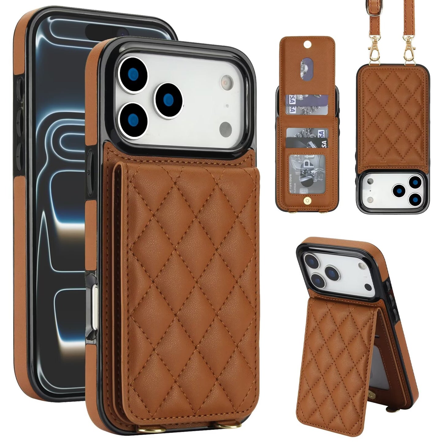 Quilted Leather Wallet Case For iPhone 17 Series, Flip Card Slot Kickstand Phone Cover With Detachable Lanyard Q8