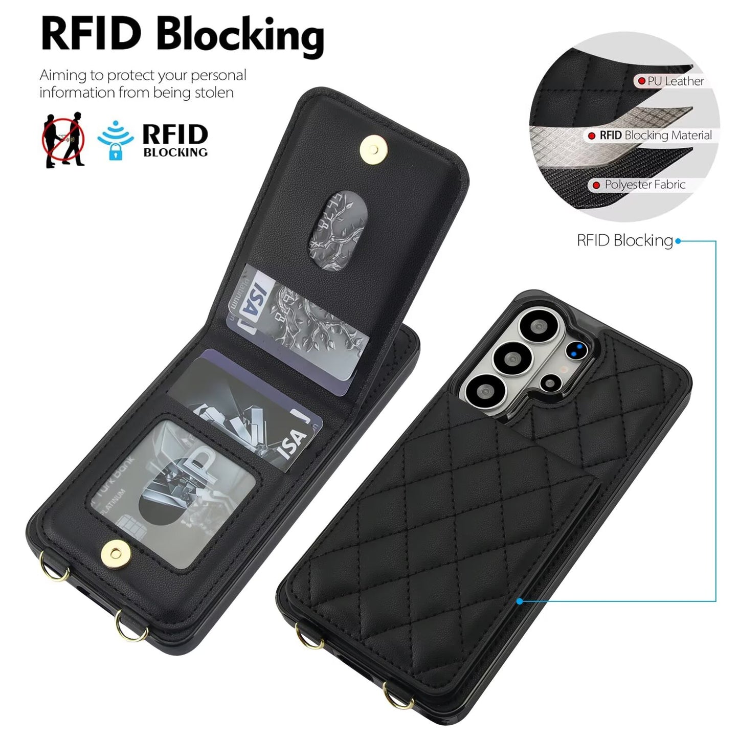 Quilted Leather Wallet Phone Case for Samsung Galaxy S26 Ultra S26 Plus S26, RFID Blocking Card Holder Kickstand Crossbody Strap Protective Cover Q40