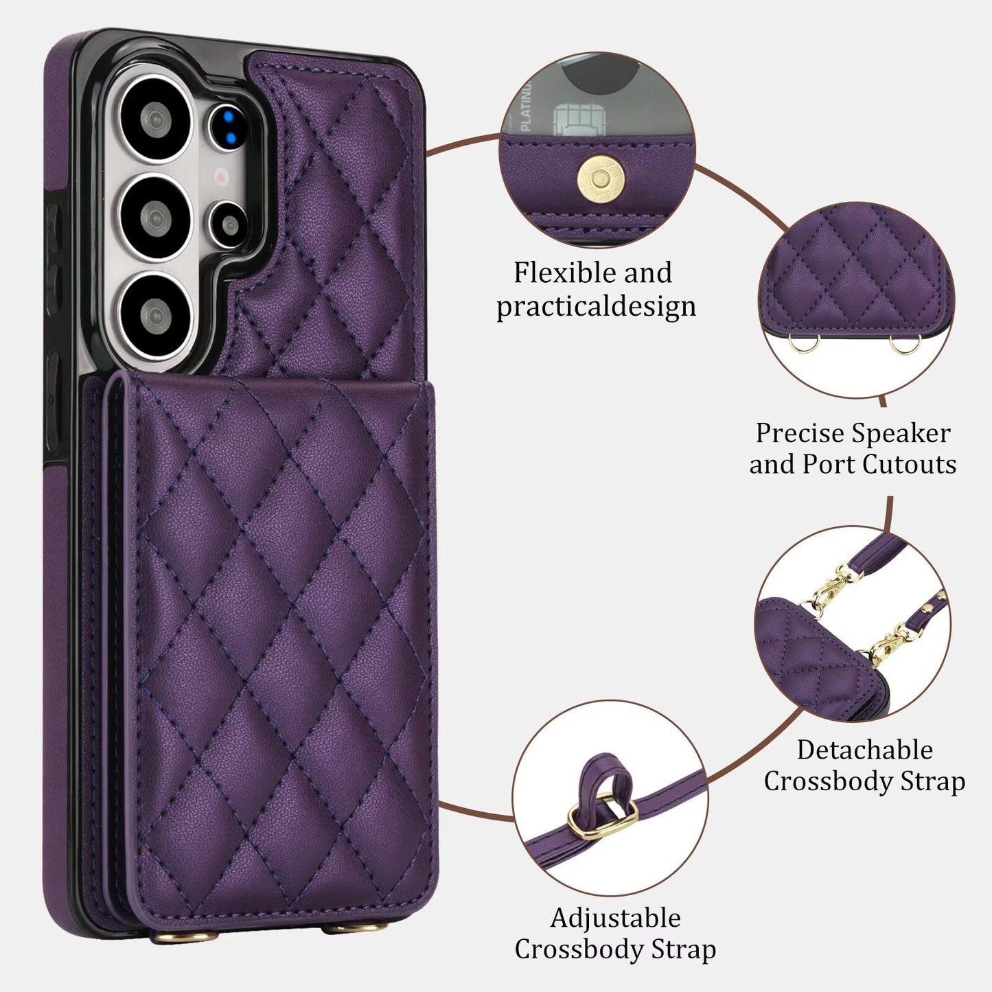 Quilted Leather Wallet Phone Case for Samsung Galaxy S26 Ultra S26 Plus S26, RFID Blocking Card Holder Kickstand Crossbody Strap Protective Cover Q45