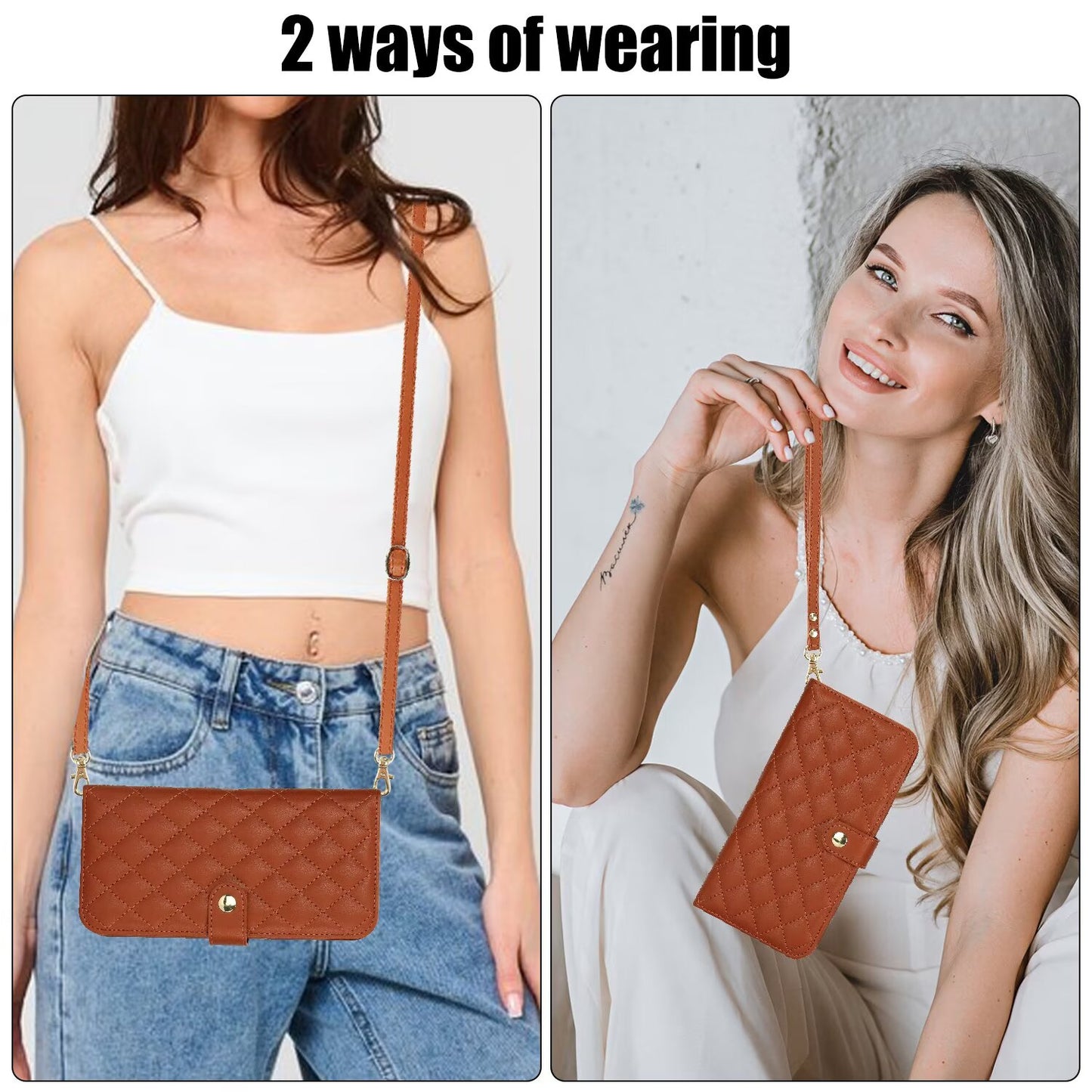 Quilted Leather Wallet Case For iPhone 17 16 15 14 13 12 11 8 7 Pro Max Crossbody Strap Wristlet Flip Folio Card Holder Kickstand Phone Case Q19