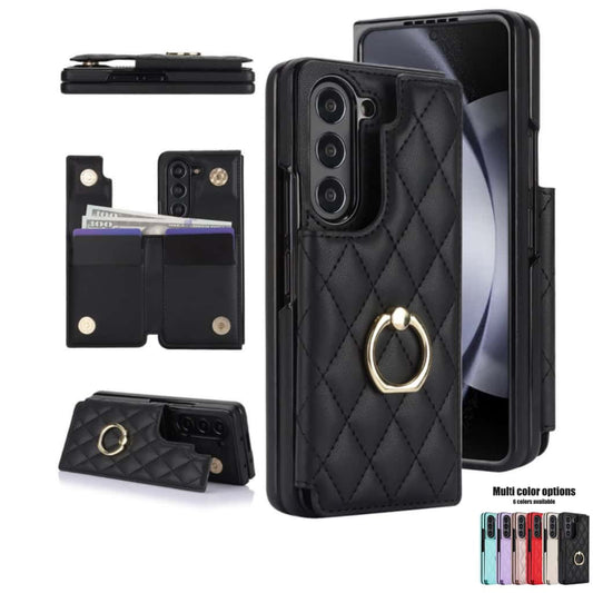 Diamond Quilted Ring Wallet Case Samsung Galaxy Z Fold 3 4 5 6 7 8 Card Holder Foldable Phone Cover Q63 - QuiltedCases
