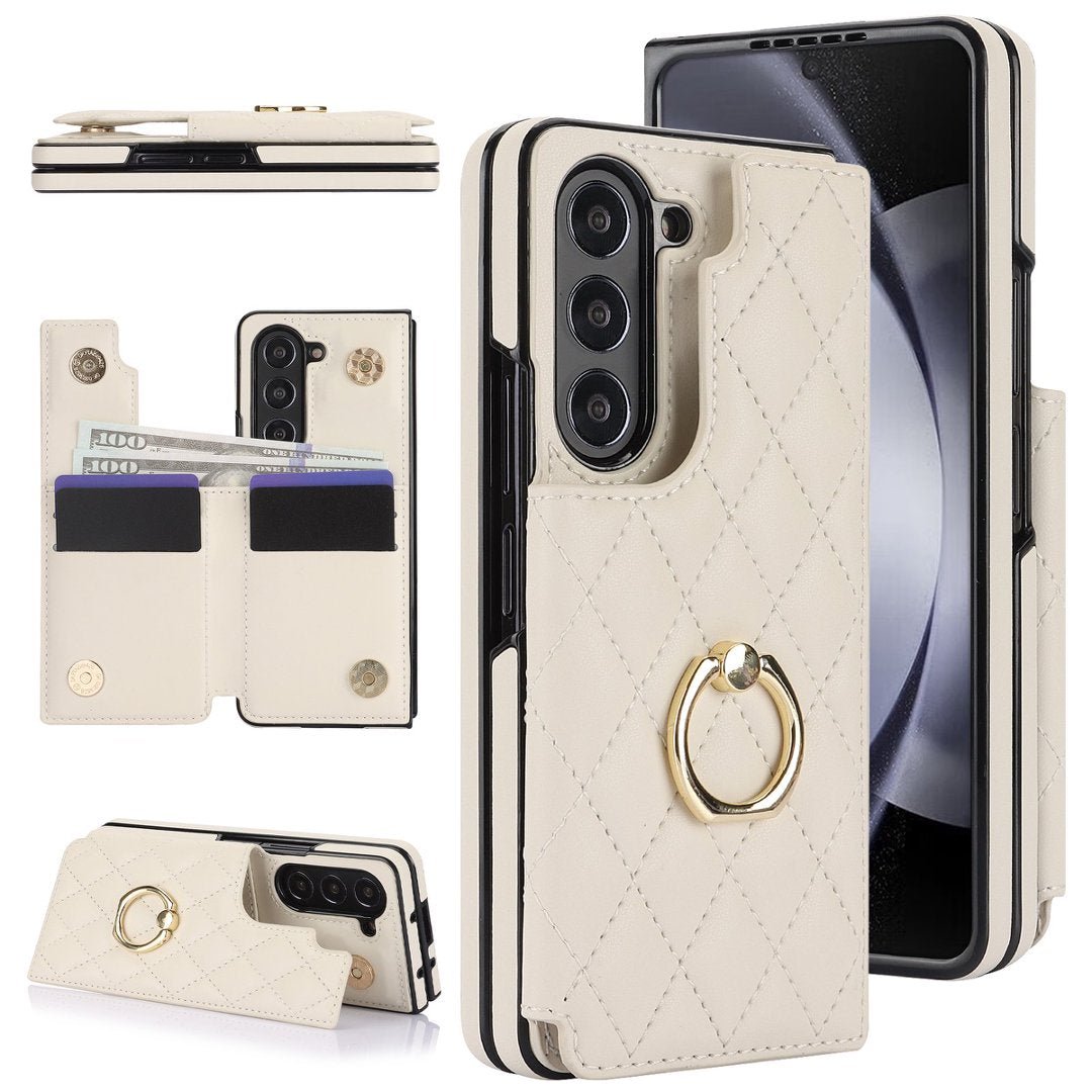 Diamond Quilted Ring Wallet Case Samsung Galaxy Z Fold 3 4 5 6 7 8 Card Holder Foldable Phone Cover Q63 - QuiltedCases