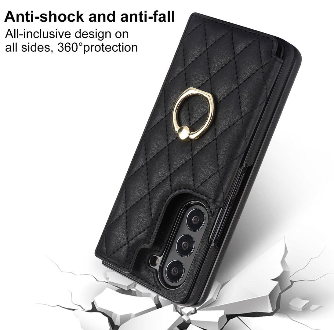 Diamond Quilted Ring Wallet Case Samsung Galaxy Z Fold 3 4 5 6 7 8 Card Holder Foldable Phone Cover Q63 - QuiltedCases