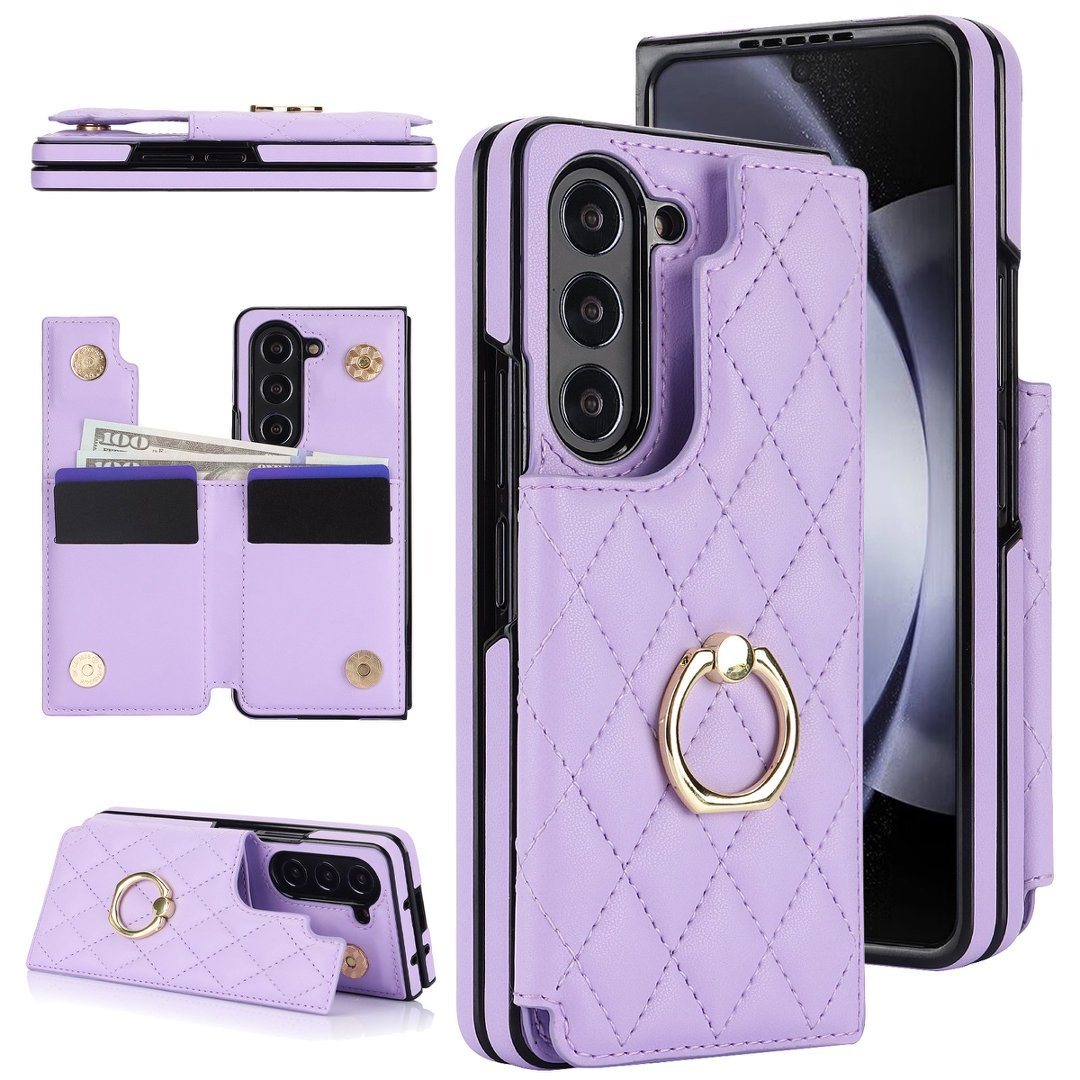 Diamond Quilted Ring Wallet Case Samsung Galaxy Z Fold 3 4 5 6 7 8 Card Holder Foldable Phone Cover Q63 - QuiltedCases