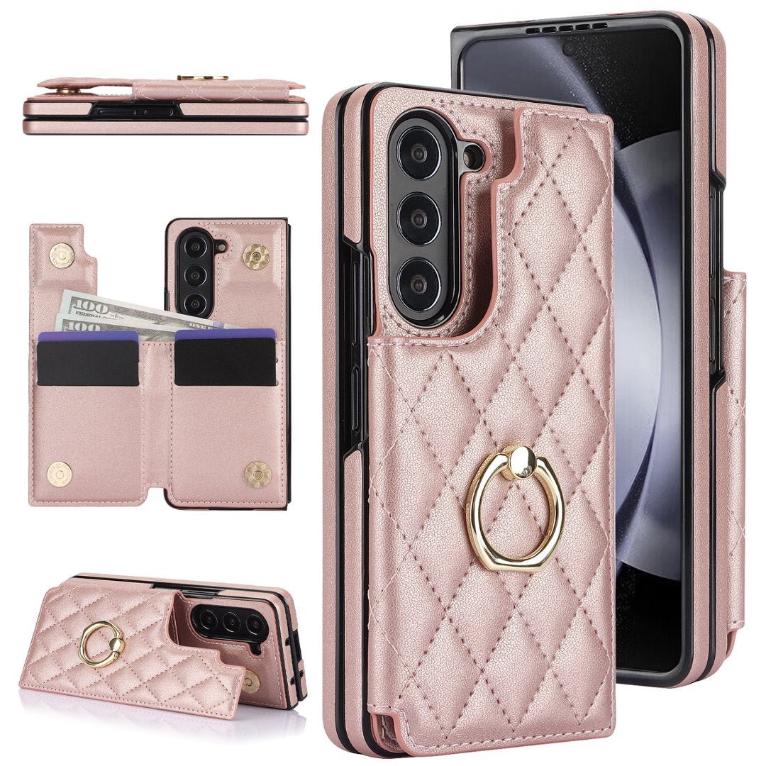 Diamond Quilted Ring Wallet Case Samsung Galaxy Z Fold 3 4 5 6 7 8 Card Holder Foldable Phone Cover Q63 - QuiltedCases