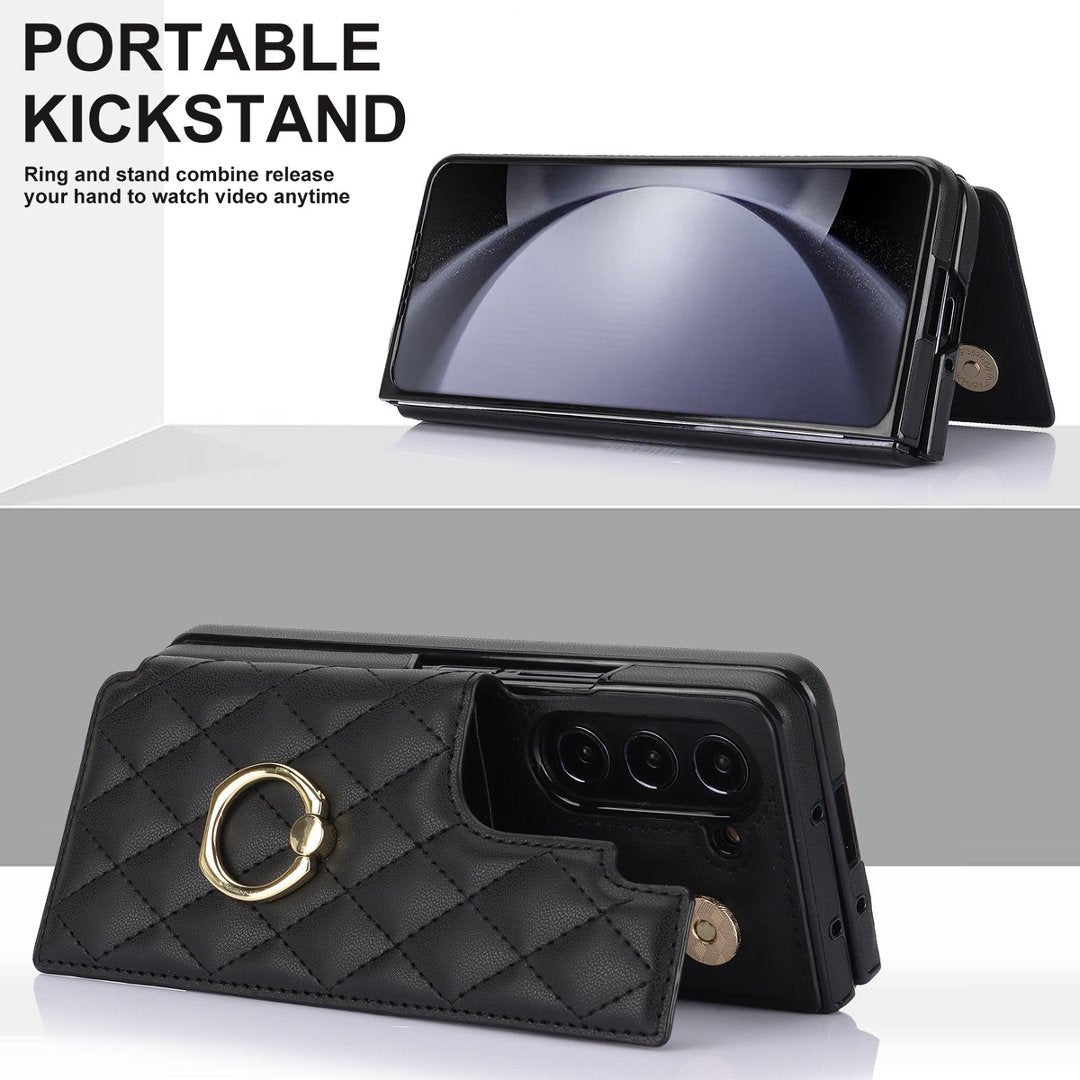 Diamond Quilted Ring Wallet Case Samsung Galaxy Z Fold 3 4 5 6 7 8 Card Holder Foldable Phone Cover Q63 - QuiltedCases
