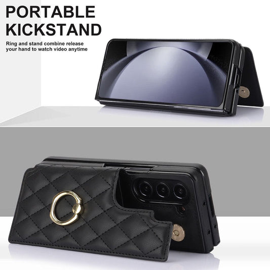 Diamond Quilted Ring Wallet Case Samsung Galaxy Z Fold 3 4 5 6 7 8 Card Holder Foldable Phone Cover Q63 - QuiltedCases