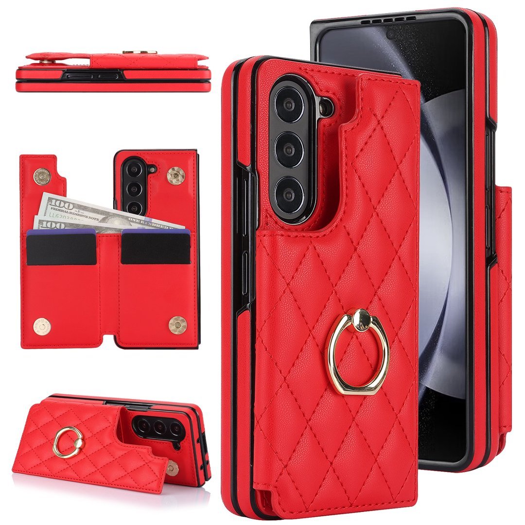 Diamond Quilted Ring Wallet Case Samsung Galaxy Z Fold 3 4 5 6 7 8 Card Holder Foldable Phone Cover Q63 - QuiltedCases