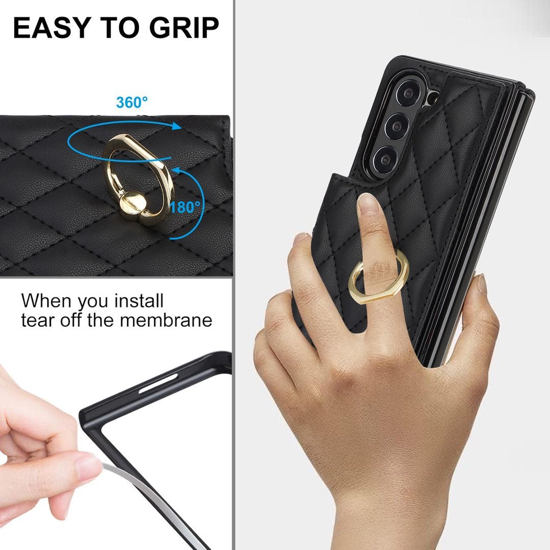 Diamond Quilted Ring Wallet Case Samsung Galaxy Z Fold 3 4 5 6 7 8 Card Holder Foldable Phone Cover Q63 - QuiltedCases