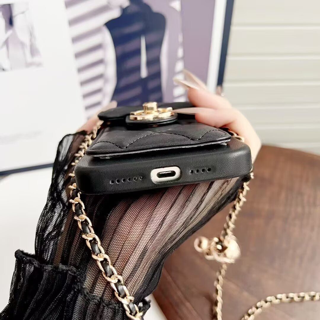 Quilted Crossbody Leather Wallet Case For iPhone 17 16 15 14 13 12 11 Pro Max Detachable Chain & Card Slots Q48 - QuiltedCases