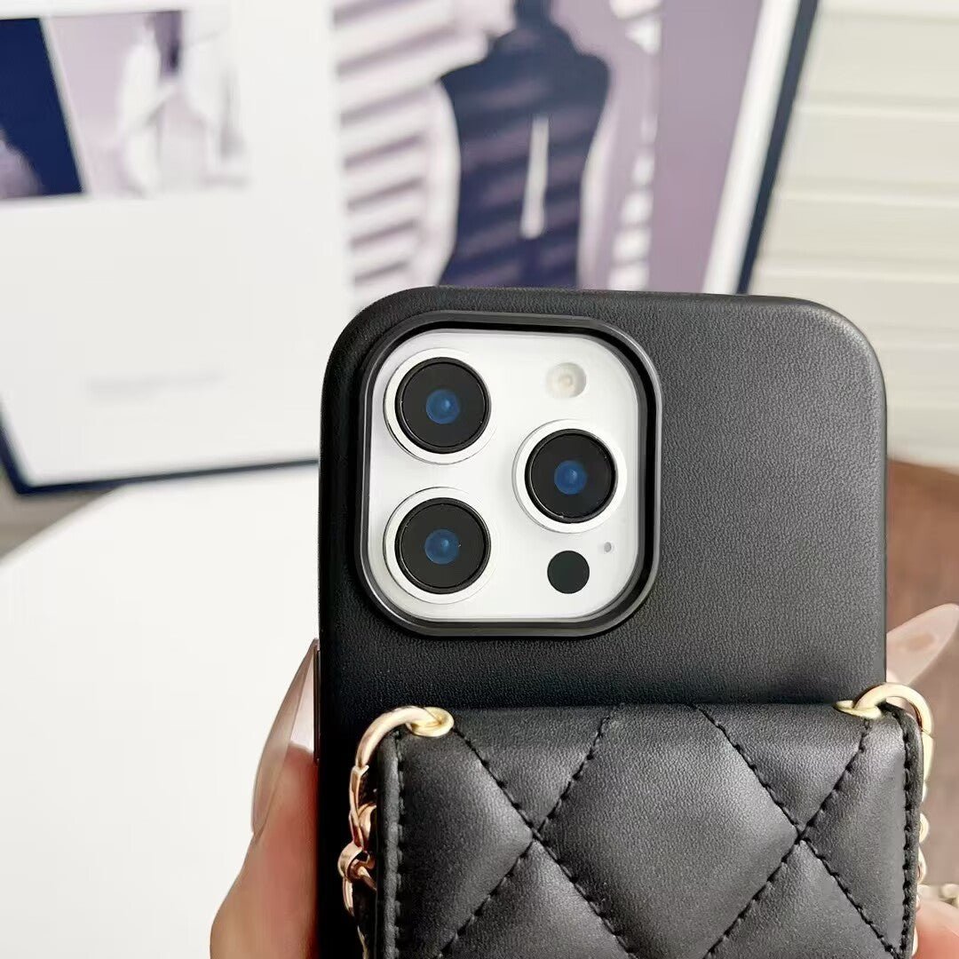 Quilted Crossbody Leather Wallet Case For iPhone 17 16 15 14 13 12 11 Pro Max Detachable Chain & Card Slots Q48 - QuiltedCases