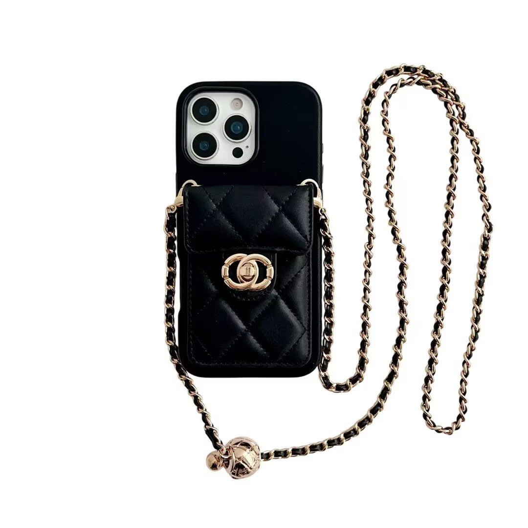 Quilted Crossbody Leather Wallet Case For iPhone 17 16 15 14 13 12 11 Pro Max Detachable Chain & Card Slots Q48 - QuiltedCases