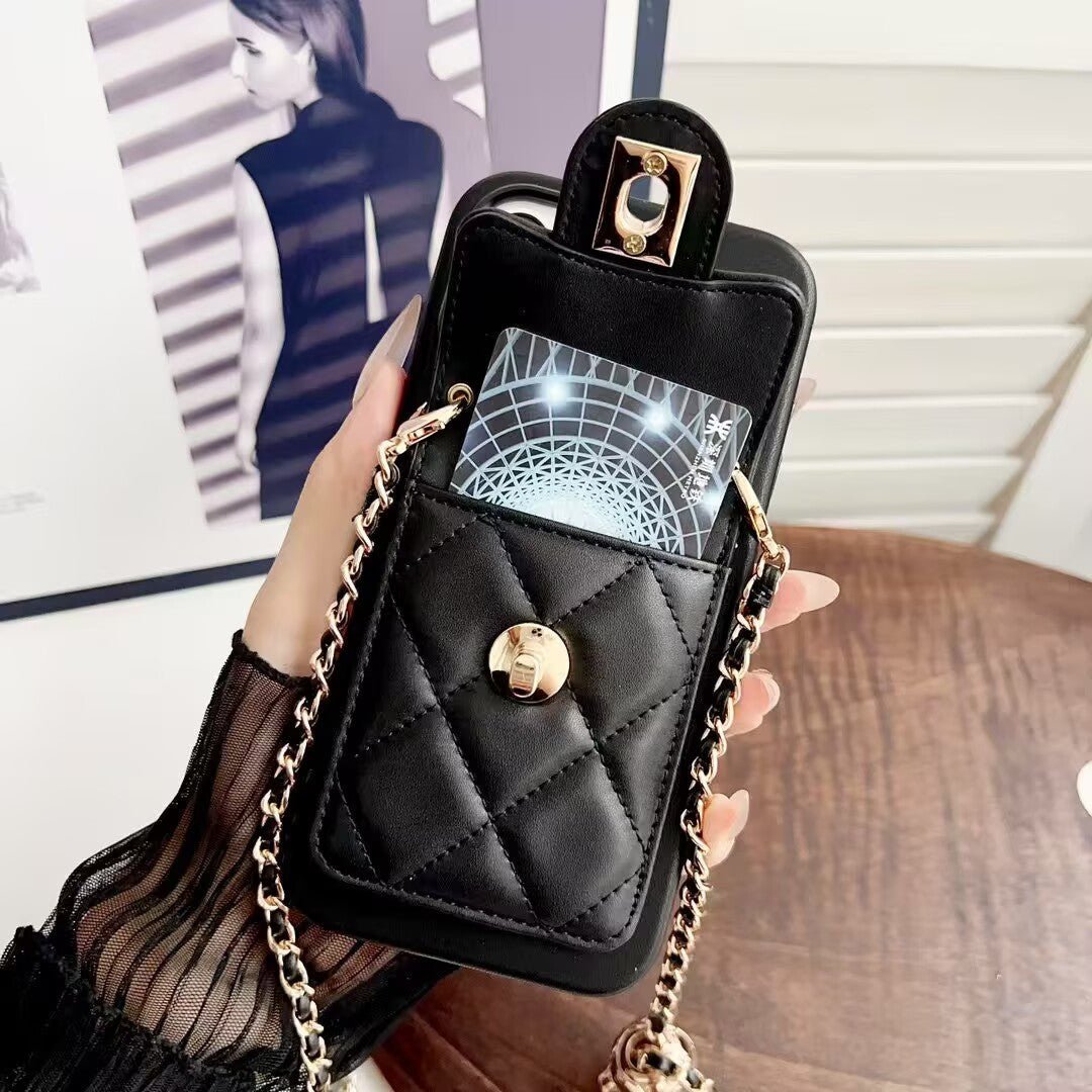 Quilted Crossbody Leather Wallet Case For iPhone 17 16 15 14 13 12 11 Pro Max Detachable Chain & Card Slots Q48 - QuiltedCases