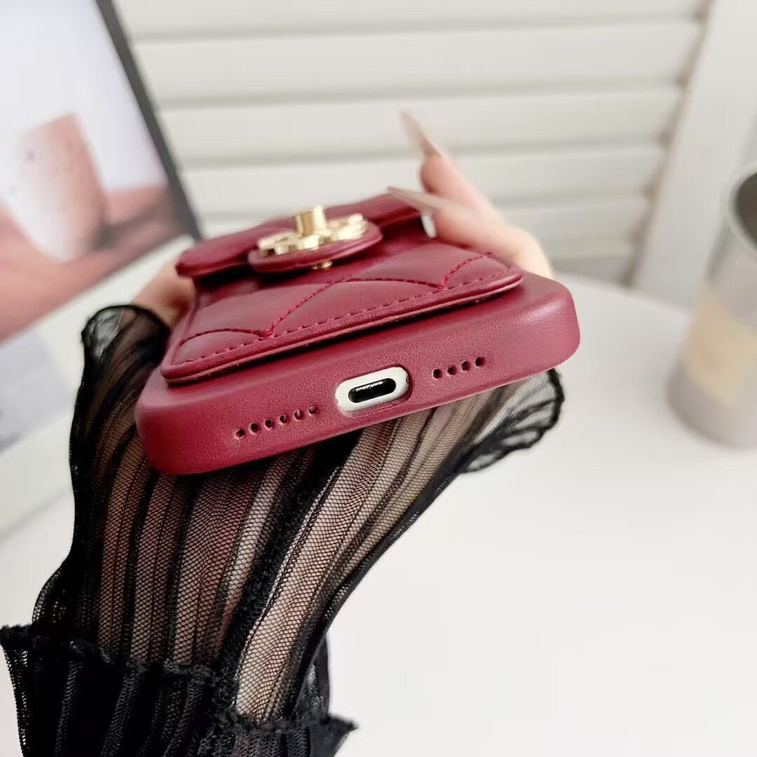 Quilted Crossbody Leather Wallet Case For iPhone 17 16 15 14 13 12 11 Pro Max Detachable Chain & Card Slots Q50 - QuiltedCases