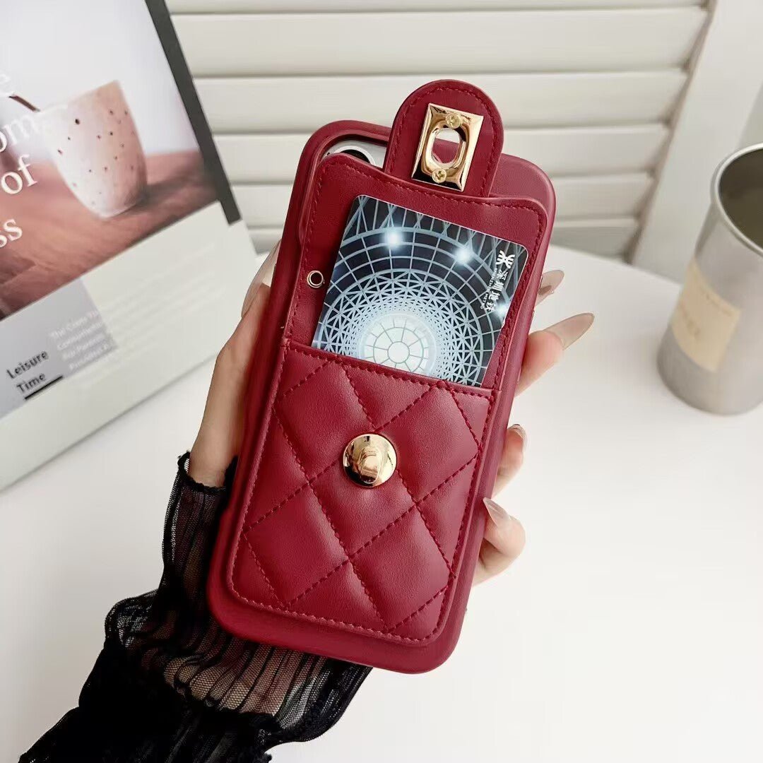 Quilted Crossbody Leather Wallet Case For iPhone 17 16 15 14 13 12 11 Pro Max Detachable Chain & Card Slots Q50 - QuiltedCases