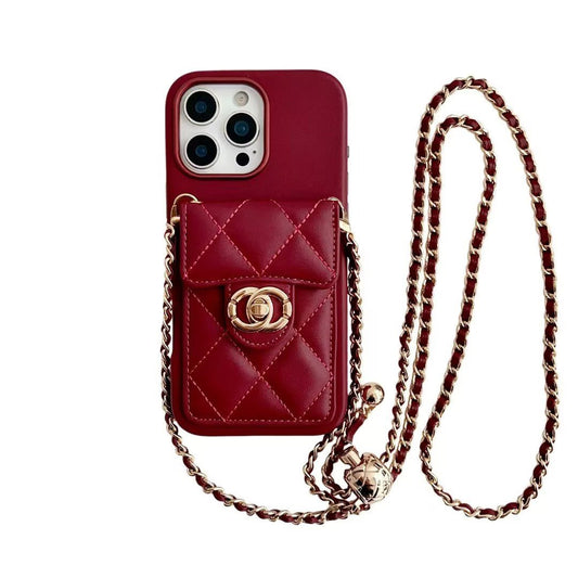 Quilted Crossbody Leather Wallet Case For iPhone 17 16 15 14 13 12 11 Pro Max Detachable Chain & Card Slots Q50 - QuiltedCases