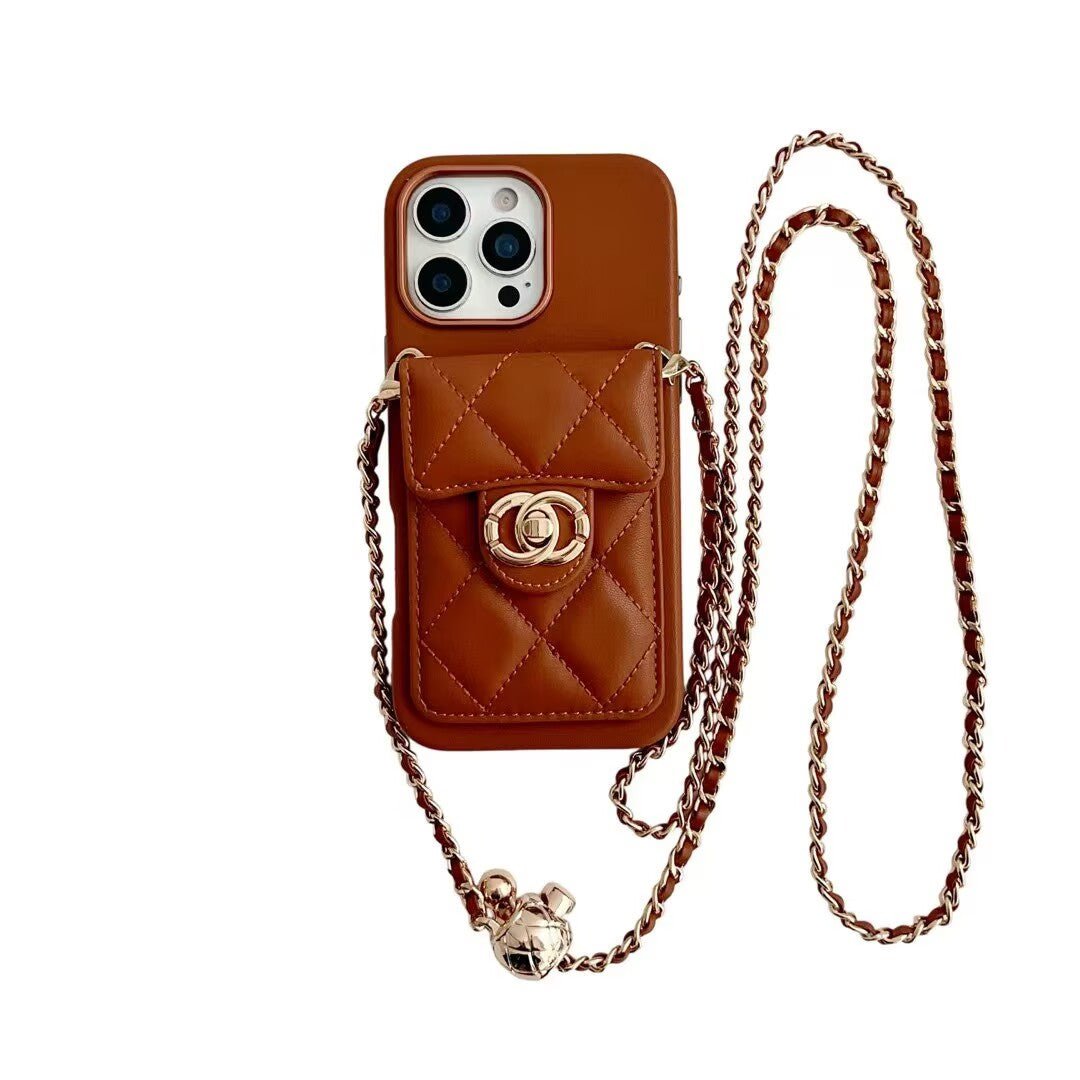 Quilted Crossbody Leather Wallet Case For iPhone 17 16 15 14 13 12 11 Pro Max Detachable Chain & Card Slots Q51 - QuiltedCases