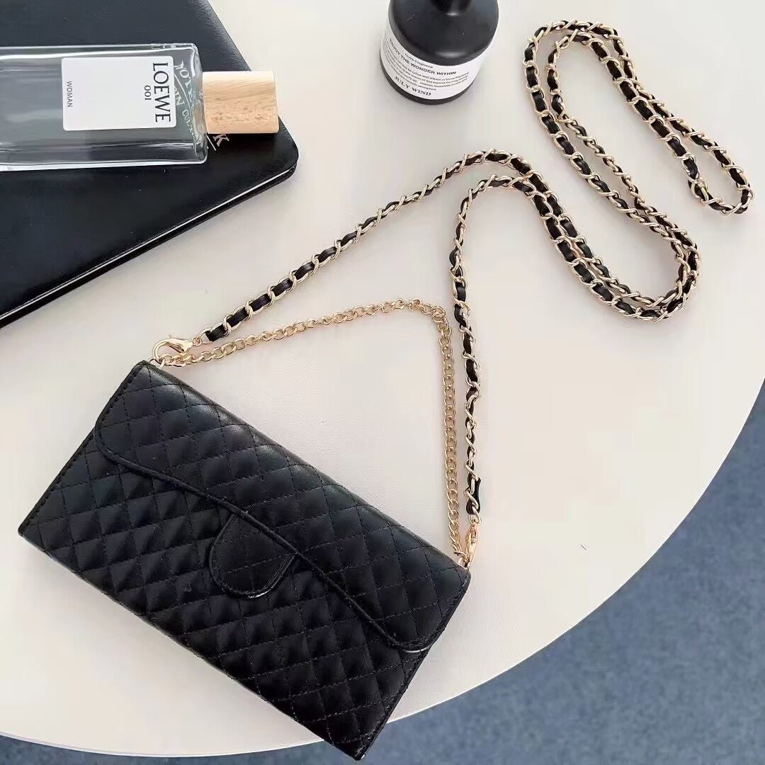 Quilted Crossbody Leather Wallet Case For iPhone 17 16 15 14 13 12 11 Pro Max Detachable Chain & Card Slots Q53 - QuiltedCases