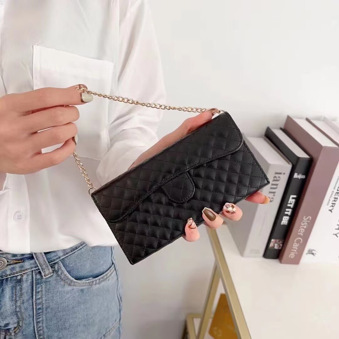 Quilted Crossbody Leather Wallet Case For iPhone 17 16 15 14 13 12 11 Pro Max Detachable Chain & Card Slots Q53 - QuiltedCases