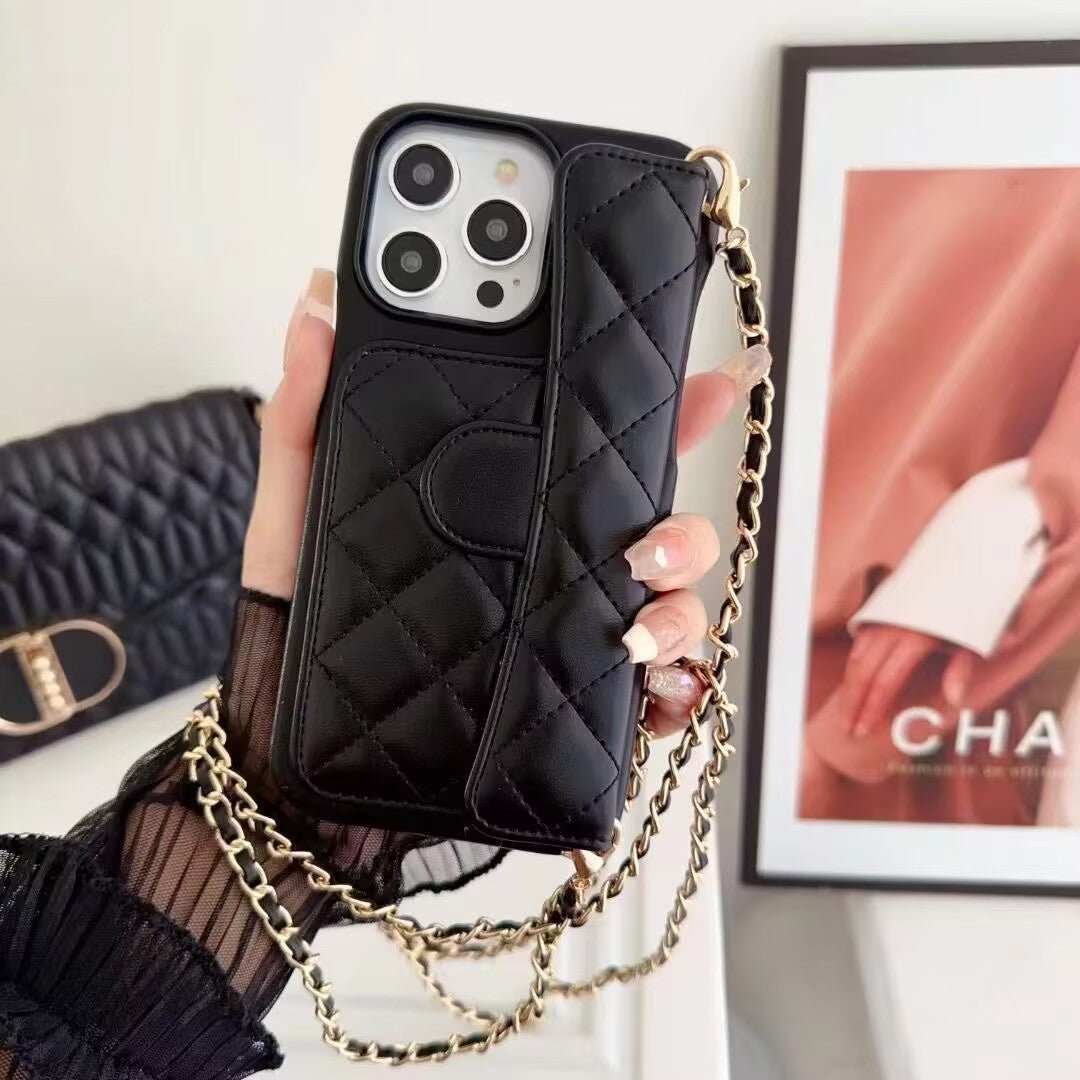 Quilted Crossbody Leather Wallet Case For iPhone 17 16 15 14 13 12 11 Pro Max Detachable Chain & Card Slots Q54 - QuiltedCases