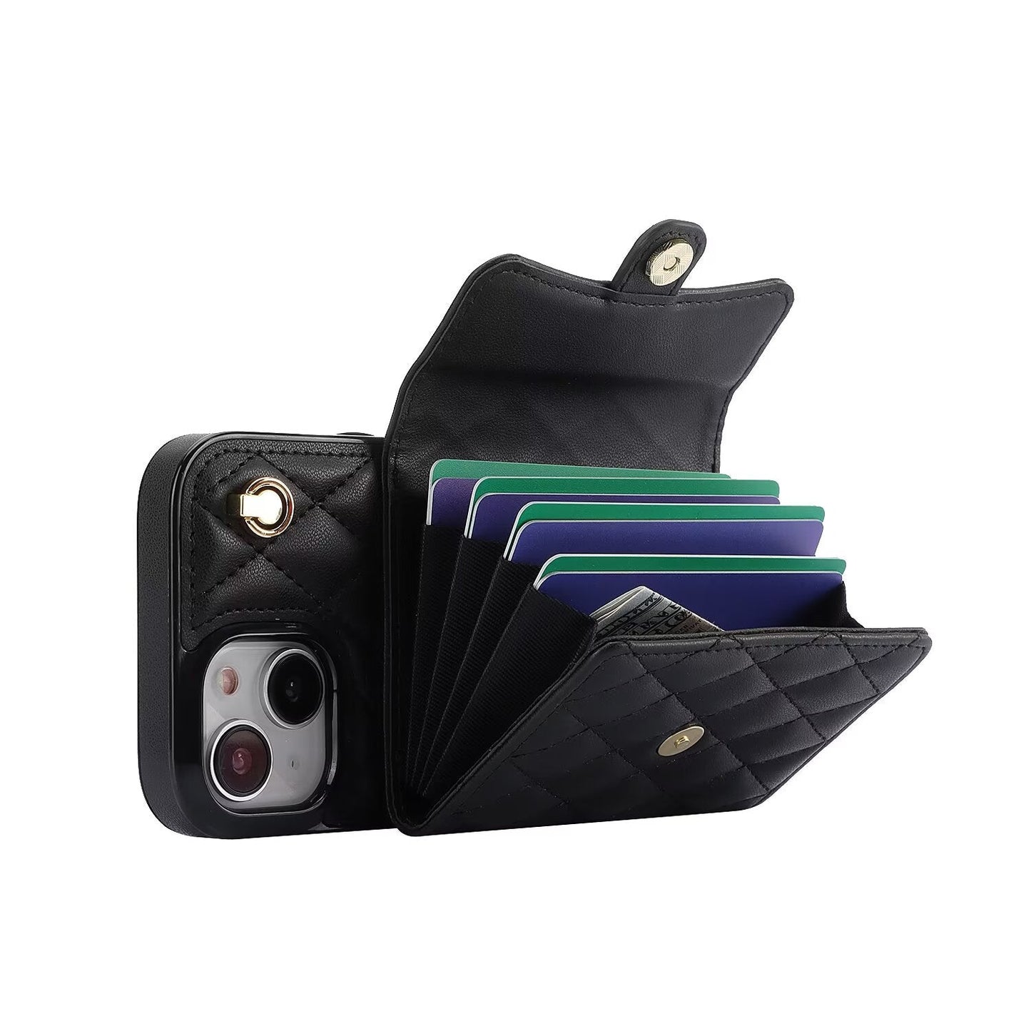 Quilted Crossbody Leather Wallet Case For iPhone 17 16 15 14 13 12 11 Pro Max Detachable Shoulder & Wrist Strap Multi Card Slots Kickstand Q20 - QuiltedCases
