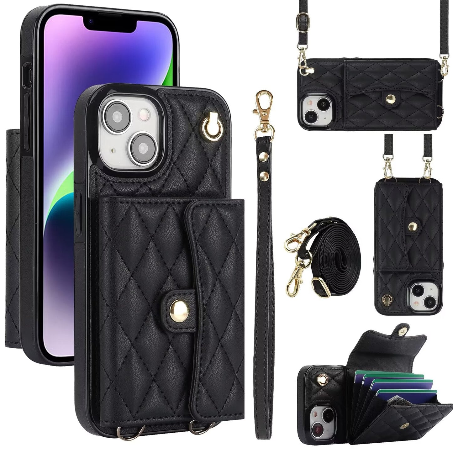 Quilted Crossbody Leather Wallet Case For iPhone 17 16 15 14 13 12 11 Pro Max Detachable Shoulder & Wrist Strap Multi Card Slots Kickstand Q20 - QuiltedCases