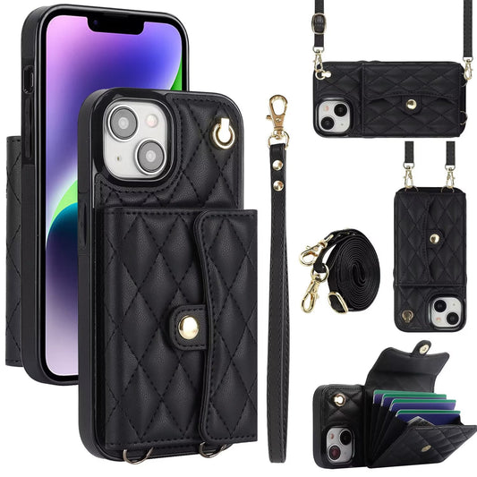 Quilted Crossbody Leather Wallet Case For iPhone 17 16 15 14 13 12 11 Pro Max Detachable Shoulder & Wrist Strap Multi Card Slots Kickstand Q20 - QuiltedCases