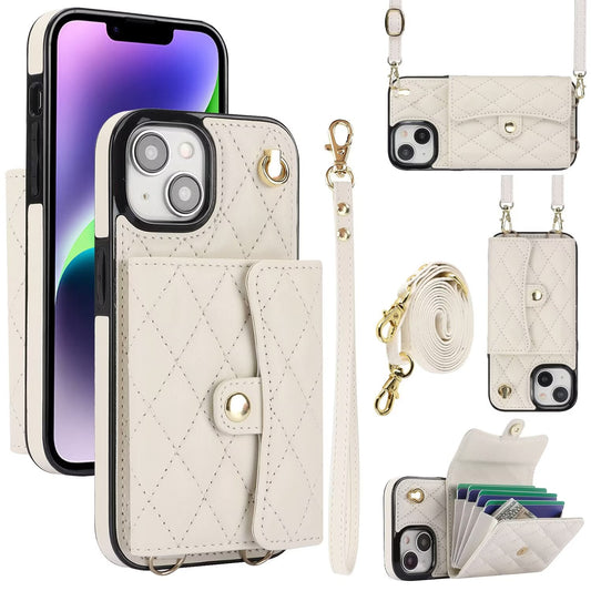 Quilted Crossbody Leather Wallet Case For iPhone 17 16 15 14 13 12 11 Pro Max Detachable Shoulder & Wrist Strap Multi Card Slots Kickstand Q21 - QuiltedCases