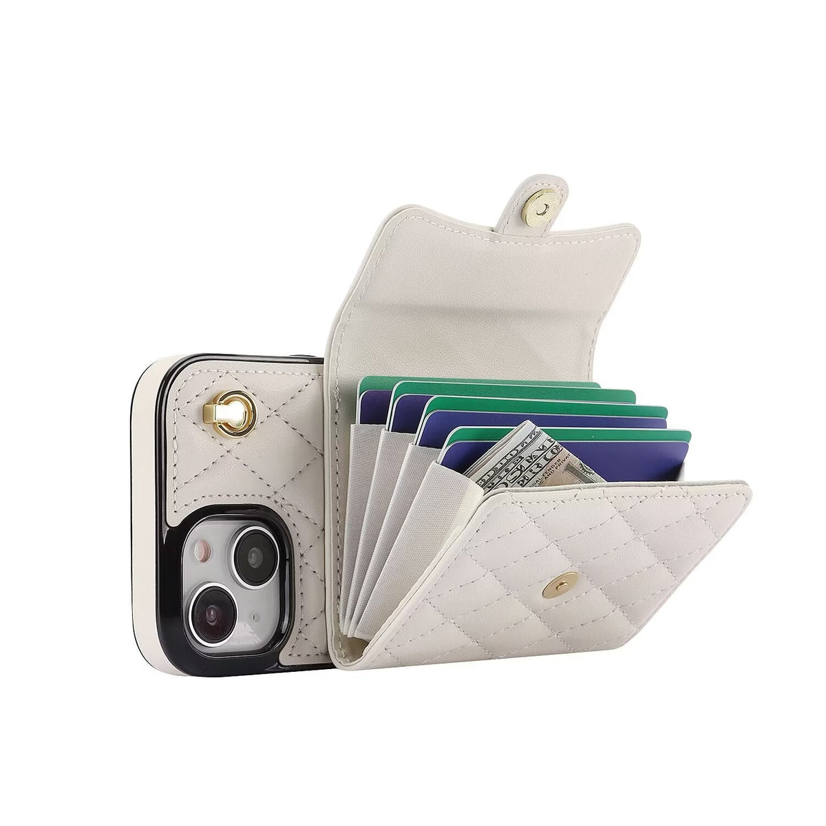 Quilted Crossbody Leather Wallet Case For iPhone 17 16 15 14 13 12 11 Pro Max Detachable Shoulder & Wrist Strap Multi Card Slots Kickstand Q21 - QuiltedCases
