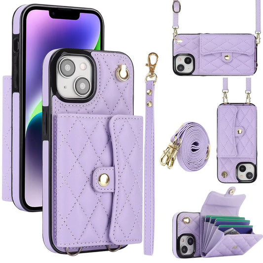 Quilted Crossbody Leather Wallet Case For iPhone 17 16 15 14 13 12 11 Pro Max Detachable Shoulder & Wrist Strap Multi Card Slots Kickstand Q22 - QuiltedCases